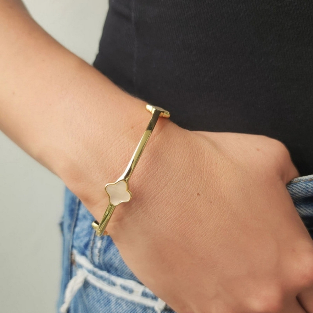 Adornia Gold-Tone Cuff Bracelet with White Clover Accents, NWT - Picture 3 of 5